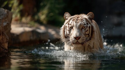 White tiger running through shallow water