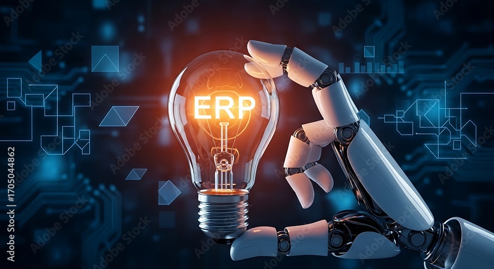Poster robot holding glowing e r p lightbulb artificial intelligence