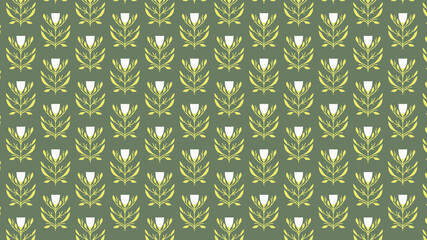 Floral Motif Repeat Stylized Blooms on Olive Green