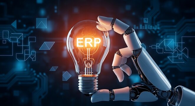 Robot holding glowing E R P lightbulb artificial intelligence