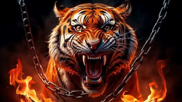 Fiery Tiger Roaring in Chains: A Digital Animation