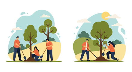 Fototapeta premium Group of People Planting Trees in a Nature-Themed Illustration