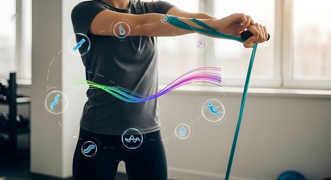 Futuristic fitness concept illustrating a woman's workout with a resistance band, enhanced by biometric data visualization