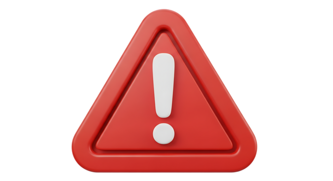Red warning triangle with exclamation mark isolated on a transparent background
