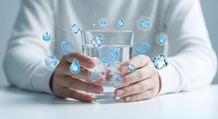 The science of hydration and pure water technology concept. A person holds a glass of ice water surrounded by floating digital molecule icons