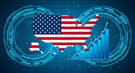 United States Map with Flag and Rising Bar Chart—Economic Growth and Financial Analytics Technology Concept