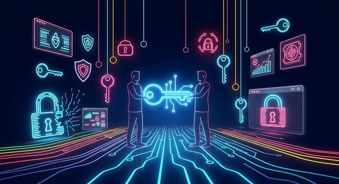 Digital Key Exchange and Cybersecurity Concept—Neon Lock, Key, and Network Security Illustration
- Powered by Adobe