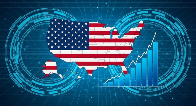 United States Map with Flag and Rising Bar Chart—Economic Growth and Financial Analytics Technology Concept