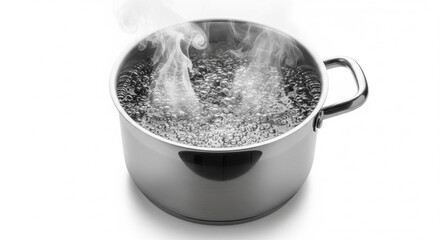 Stainless Steel Pot with Boiling Water and Steam on Isolated transparent background