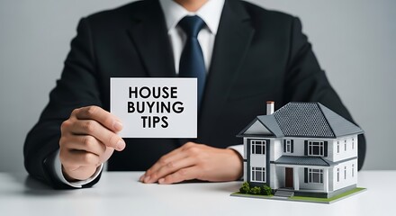 Professional holding house buying tips card near model home