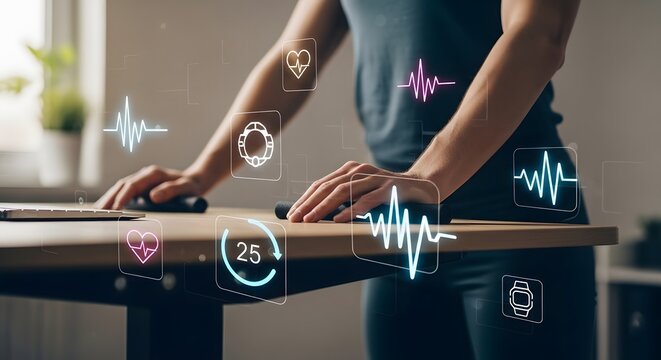 Conceptual image of a professional woman using a high-tech standing desk with integrated biometric and fitness tracking holograms