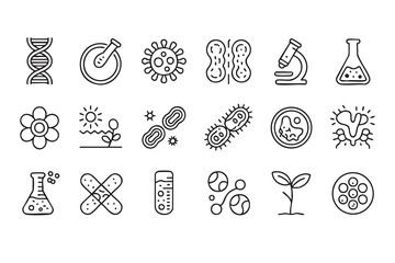 Vector set of biology science icons including DNA, microscope, and cell symbols