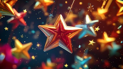 Cheerful composition of rotating 3D stars in multiple sizes, embellished with tiny starbursts and accent lines, creating a festive visual rhythm