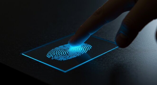 Finger pressing on a glowing blue fingerprint scanner for biometric security and identification in a digital world