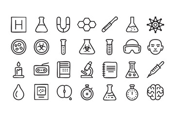 Research and innovation icons set with lab equipment, microscope and molecular design