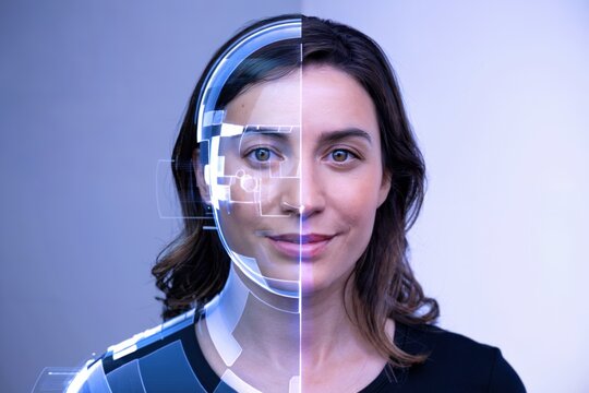 A Woman's Face Split Between Her Real Human Self and a Digital, Holographic Version, a Virtual Avatar or AI.  Digital Identity & the Fusion of Humanity & Technology, Exploring Themes of Biometrics, AR