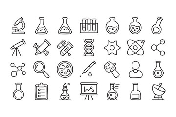 Laboratory icon set with molecules, test tubes, and telescope for education projects