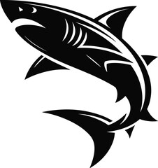 Aggressive shark illustration, black and white shark design, ocean predator artwork, fierce marine animal graphic, tribal shark tattoo, aquatic wildlife 