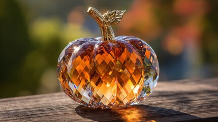 Faceted glass pumpkin in autumn sunlight sparkling on wooden surface