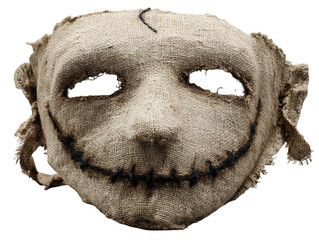 Spooky bag mask made from rough burlap fabric stitched details isolated on transparent background for horror designs isolated on a transparent background 