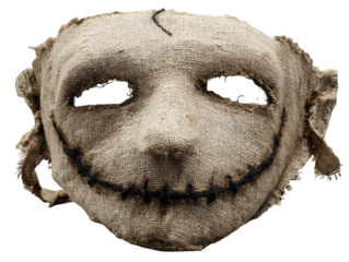 Spooky bag mask made from rough burlap fabric stitched details isolated on transparent background for horror designs isolated on a transparent background 