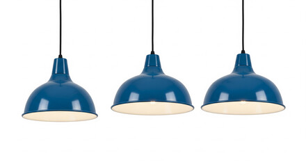 Obraz premium Three Blue Industrial Pendant Lights, Illuminated, Isolated transparent background