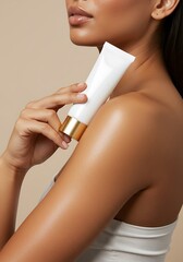  A woman with radiant skin holding a blank white cosmetic tube with a gold accent