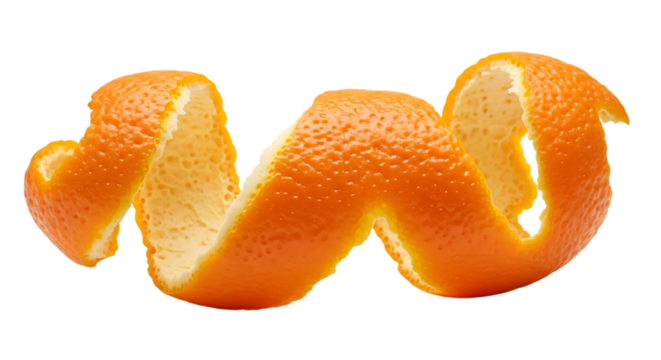 Orange peel spiral citrus zest isolated on a transparent background