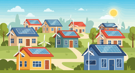 Naklejka premium Illustrated eco-friendly village with colorful houses, rooftop solar panels, and wind turbines.