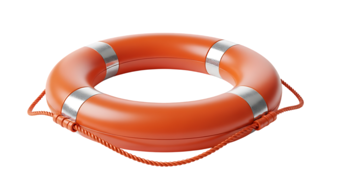 Orange life preserver with silver bands and rope isolated on a transparent background