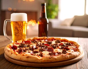 Pizza, beer, and a cozy home scene