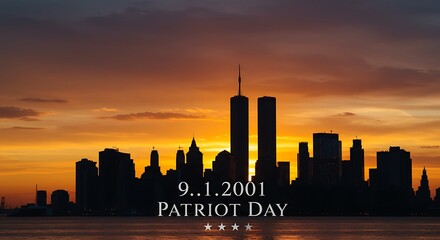 Patriot Day memorial with an iconic twin tower silhouette against a vibrant sunset skyline in remembrance of the September attacks