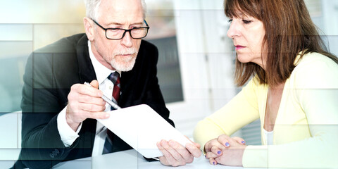 Woman meeting a consultant for advices, light effect, geometric pattern