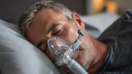Relaxing Portrait of a Man Sleeping Comfortably at Home While Using a Respiratory Mask for Breathing Aid