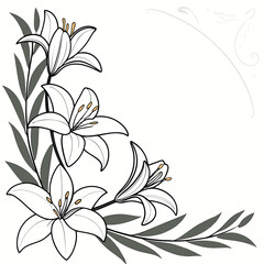 Vector art of a delicate floral corner design, , showcases elegant lilies in black and white, creating a timeless and sophisticated accent for invitations, stationery, or decorative projects