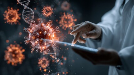 Electronic records and dna: pioneering a new age in medical sciences. Dangerous microbes. Advancing medicine: doctor managing futuristic data networks. Contaminated air. Contagious agents.