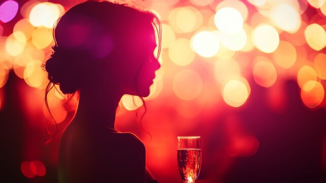 Upbeat club moment showing girlâ€™s profile bathed in ruby light, champagne glass rim glowing, energetic crowd silhouettes and rhythmic light patterns in soft focus