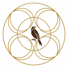Vector art of a captivating emblem featuring a bird perched gracefully at the heart of an intricate geometric design, , evoking a sense of natures harmony and artistic elegance