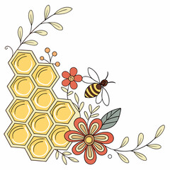 Vector art of a delightful illustration featuring a honeycomb, flowers, and a bee, creating a charming and whimsical design perfect for naturethemed projects and crafts © murad