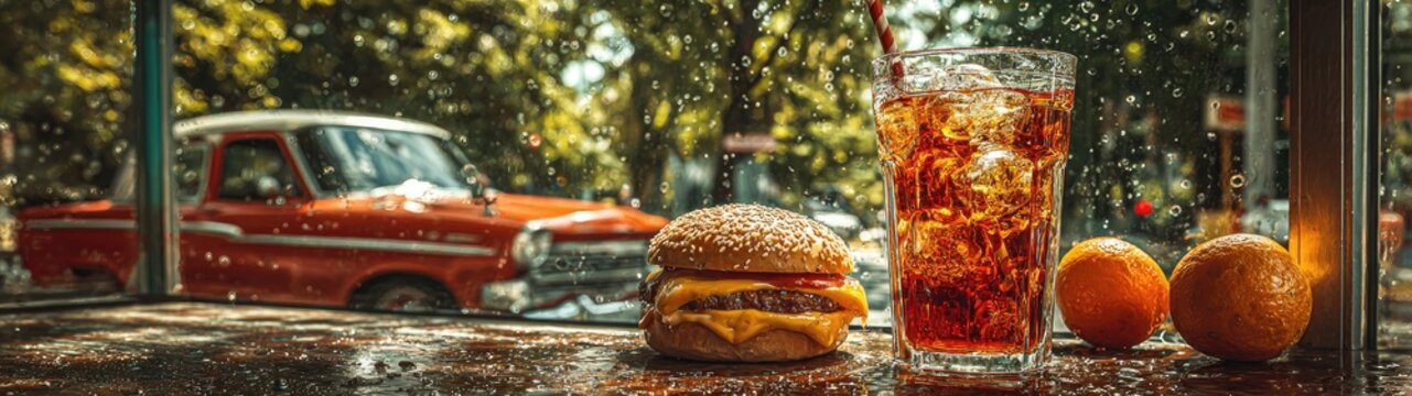 Fototapeta Vintage car, burger, soda, and fruit by window