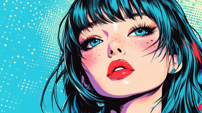 Vibrant anime-inspired pop explosion filled with energetic comic bangs, layered halftone blue gradient, whimsical linework accents and dotted shadows for a fun graphic print backdrop