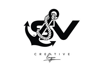 SV Creative Monogram Latter Logo with Anchor and Rope Design Minimalistic Logo Design 