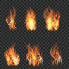 Realistic burning fire flames with sparks overlay effect set. Vector