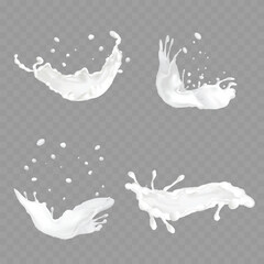 Realistic 3D milk, cream, and yogurt splash set. Vector