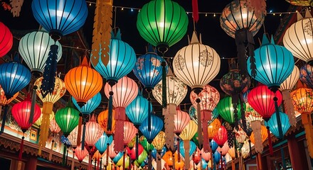 Colorful paper lanterns illuminate a night market, creating a festive and vibrant atmosphere