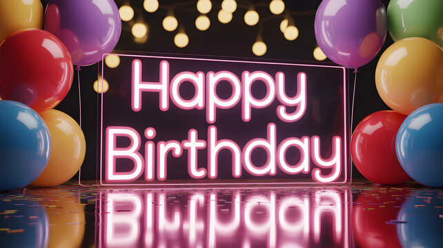 Happy birthday neon sign surrounded by colorful balloons and confetti, illuminated by bokeh lights, creating a festive and celebratory atmosphere for a birthday party