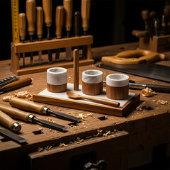 A craftsmans workbench displays handmade wooden salt and pepper cellars, showcasing artistry, skill, and the beauty of natural materials