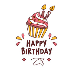 Happy birthday greeting with a festive cupcake and candles on a white background