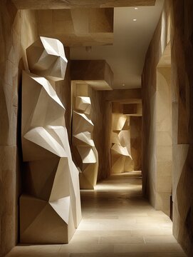 Beige, geometric sculptures line a long hallway