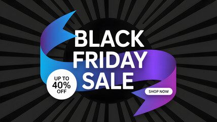 Black friday sale banner with gradient ribbon and 40 off text, promoting shopping discounts and special offers for online retail and ecommerce